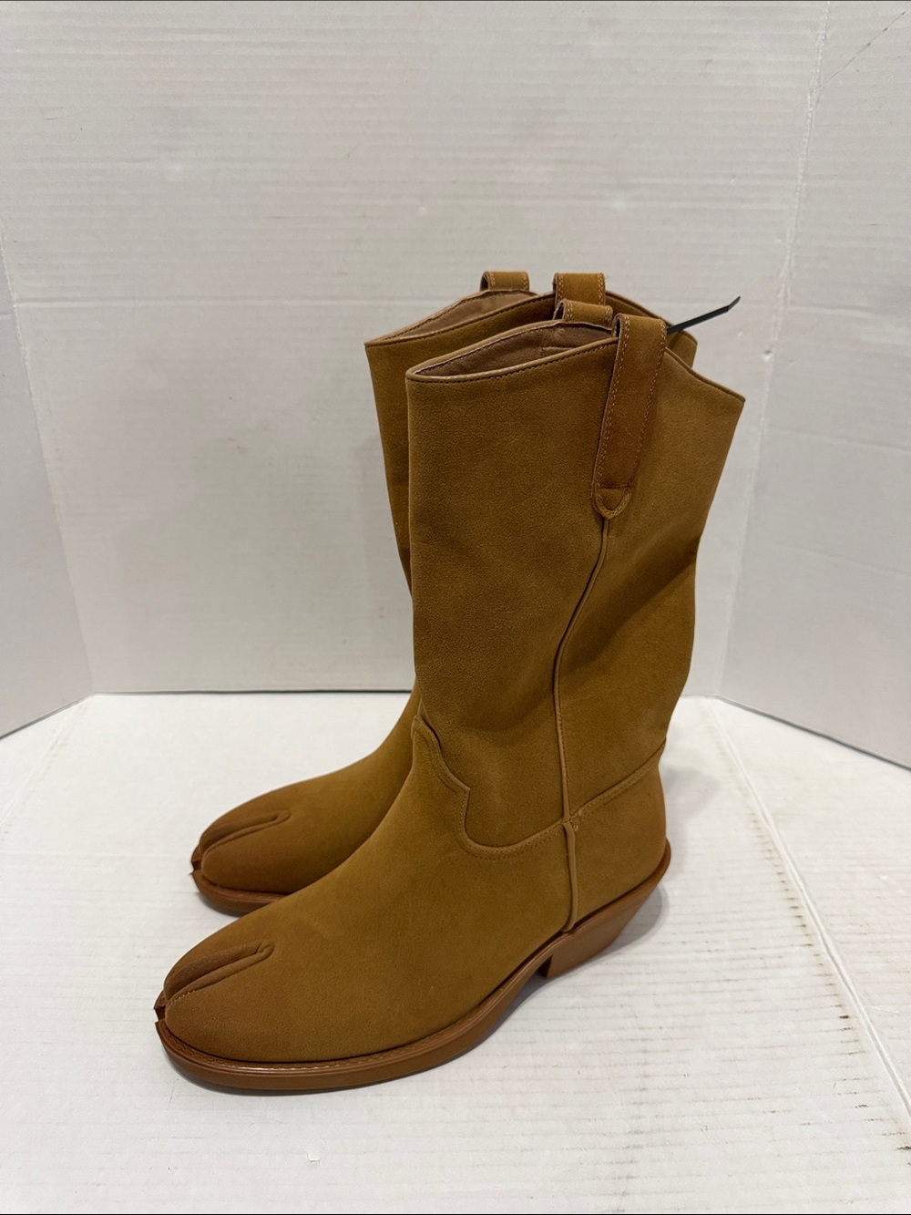 Split-Toe Mid-Calf Heeled Boots in Tan Suede